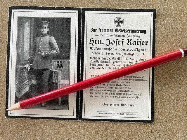 Sterbebild Bayern Infant.reg.13 Jozef Kaizer gesneuveld 1916, Verzamelen, Ophalen of Verzenden, Bidprentje