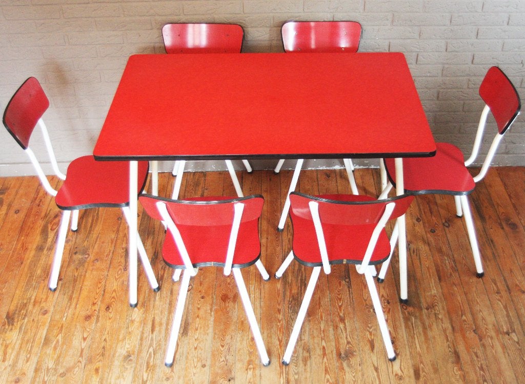 Rode Formica Tafel + Rode Formica Stoelen / Uit Jaren 60, Huis en Inrichting, Ophalen, Gebruikt, Vintage / Jaren 60