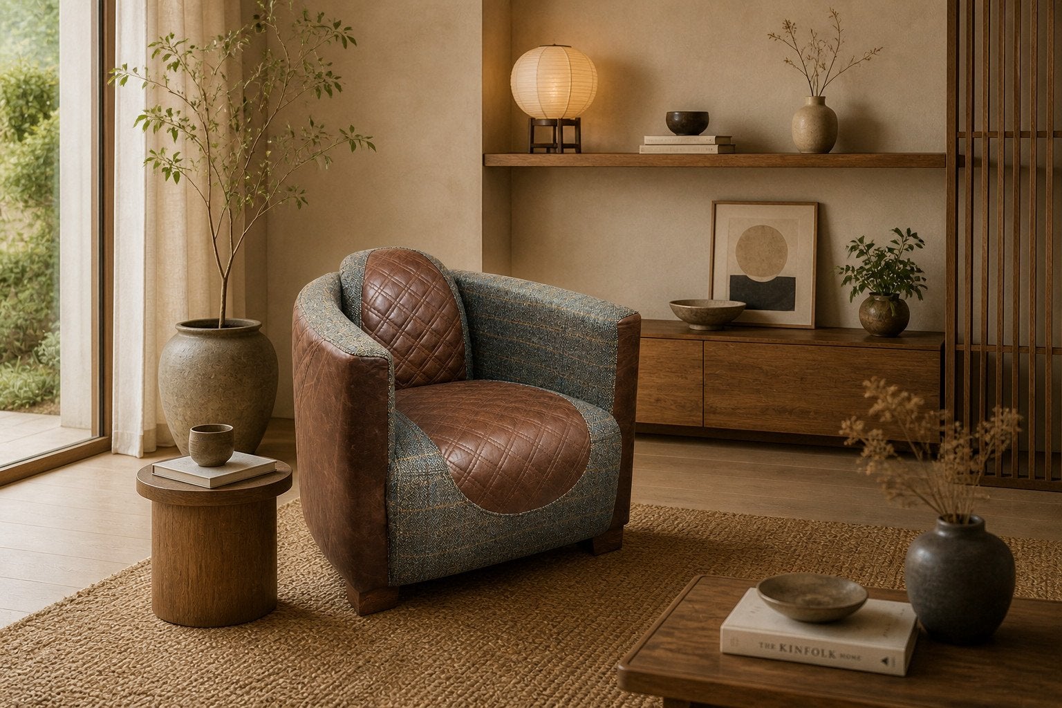 AVIATOR FAUTEUIL PILOTEN STOEL ESPRESSO LEER TWEED STOF, Antiek en Kunst, Ophalen of Verzenden