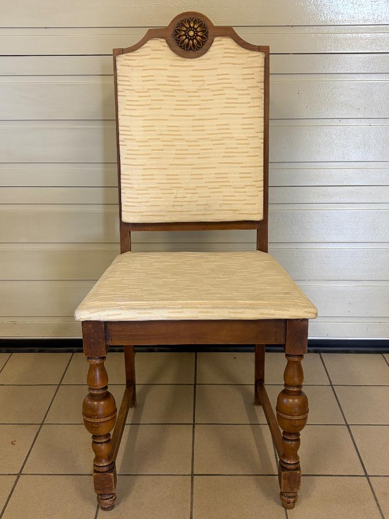 6 eiken eetkamerstoelen, Ophalen, Gebruikt, Bruin, Stof