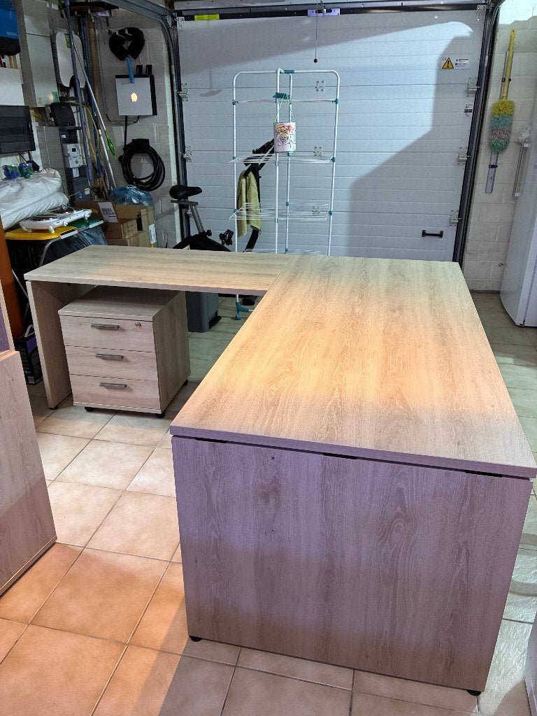 Volledige hoekbureau-opstelling met kast en ladenblok, 180 cm, Comme neuf, Avec tiroirs, Bois