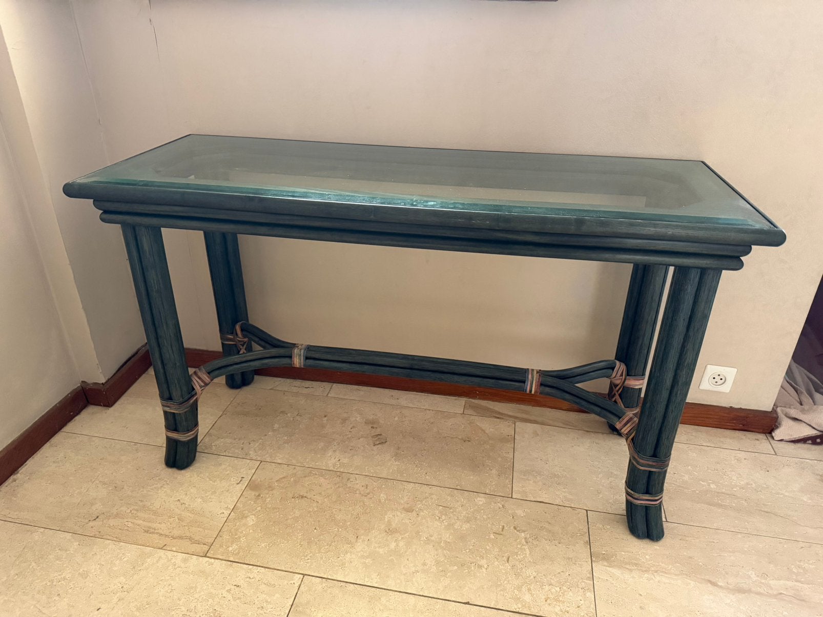Groen gelakte bamboe rotan console 130cm/50cm/75cm LxBxH, Antiek en Kunst, Ophalen