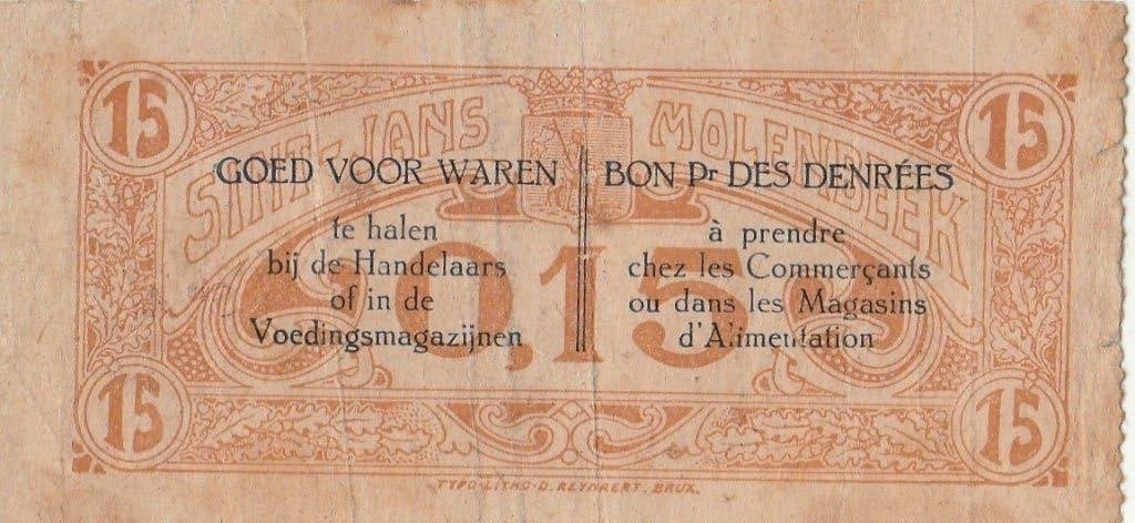 Sint Jans Molenbeek  BELGIE 15 CENTS 1919, Ophalen of Verzenden