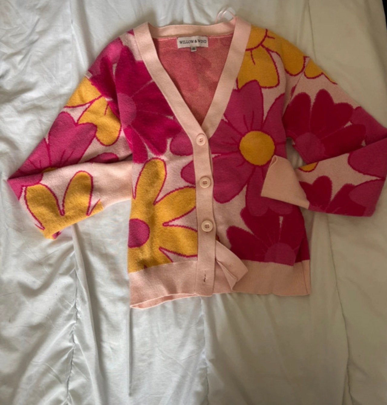 Pink Floral Willow & Wind Cardigan XS Cute Y2K Daisy Sweater, Ophalen, Zo goed als nieuw, Maat 34 (XS) of kleiner, Roze
