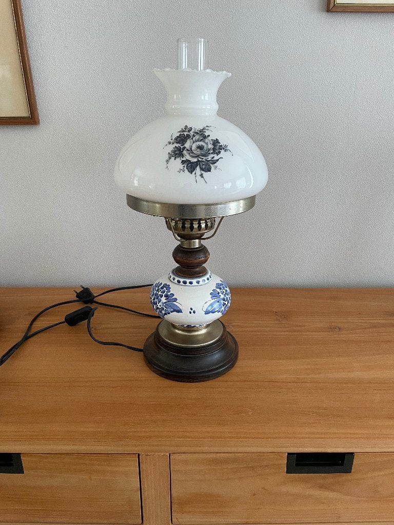 vintage tafellamp met glazen kap, Gebruikt, Vintage, E27 (groot), Sfeerlamp
