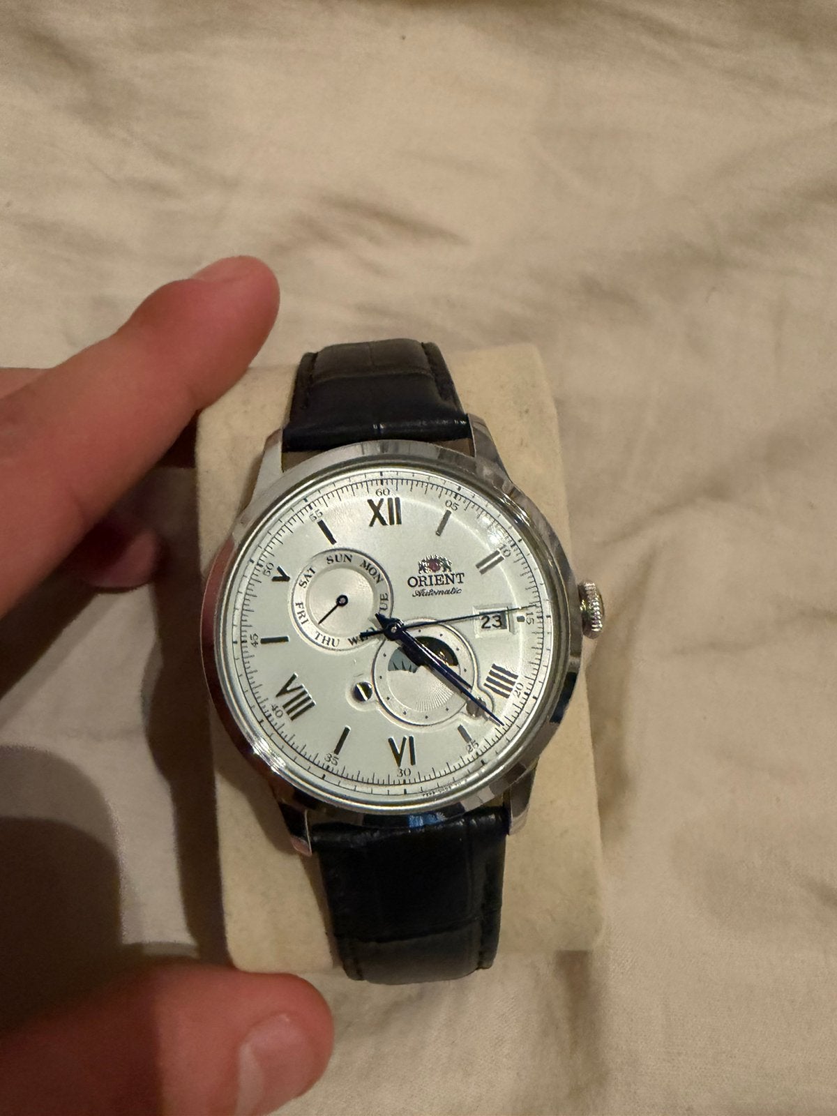 Orient Bambino v9 Sun&Moon RA-AK0802S, Handtassen en Accessoires, Horloges | Heren, Leer, Staal, Polshorloge, Zo goed als nieuw
