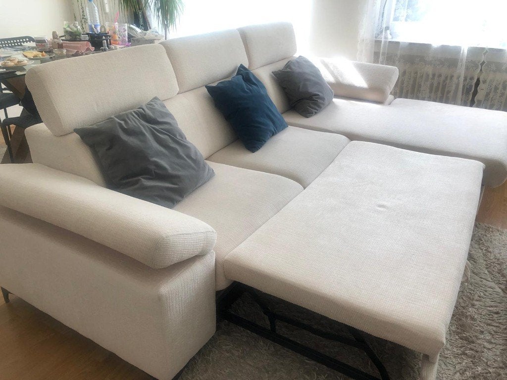 With storage base, convertible into a bed, 290*180 cm, 75 à 100 cm, Banc d'angle, Quatre personnes ou plus, Corner lounge, Sofa bed with storage chest.