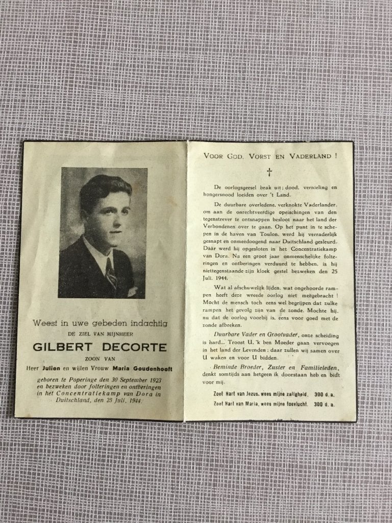 Decorte Poperinge, victime de la guerre camp de 1944 WOII, Collections, Enlèvement ou Envoi