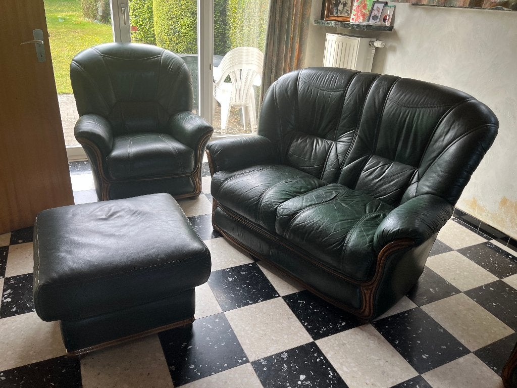 Lederen lounge en voetenbank van 1” ,2", Huis en Inrichting, Ophalen, Gebruikt, Leer