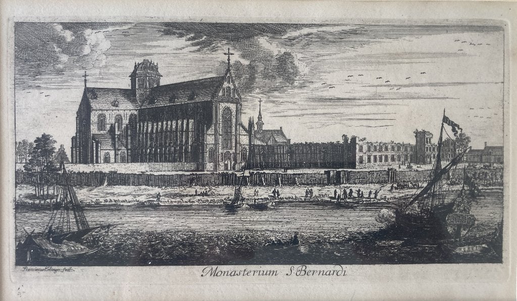 Zeldzame gravure St Bernardusabdij Hemiksem uit 1668-1671, Antiek en Kunst, 26 cm, Architectuur, Gravure, 32 cm