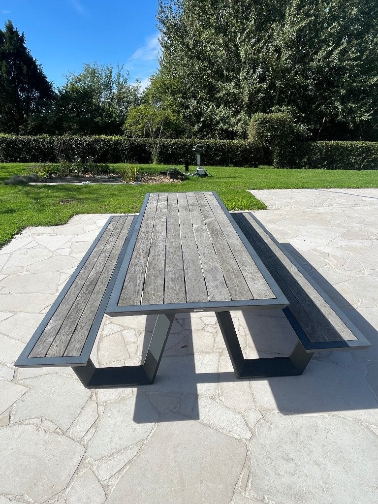 Design Bristol tuintafel, 2 banken, teak & aluminium, 8 pers, Tuin en Terras, Ophalen, Gebruikt, Rechthoekig, Teakhout