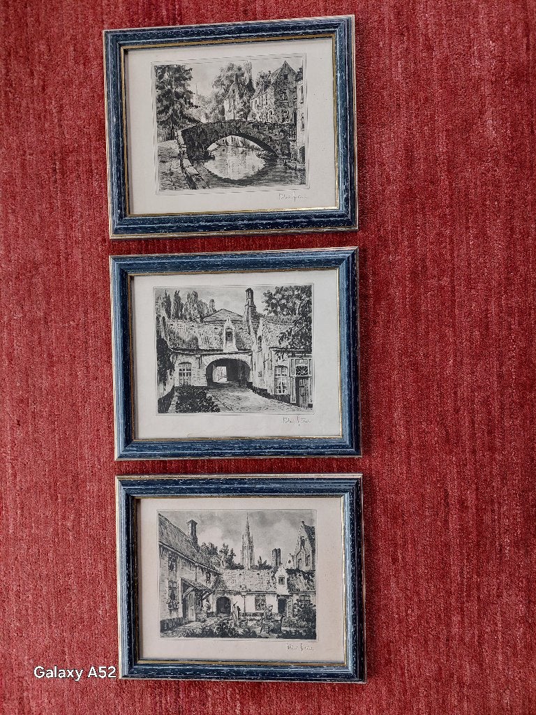 3 ingekaderde etsen van A. Goethals, Brugge, Antiek en Kunst, Ingelijst, Ets, Architectuur, 29 cm