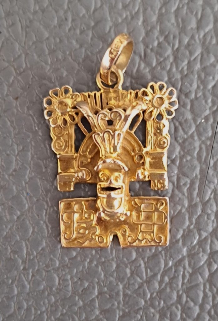 Gouden Azteekse hanger, Handtassen en Accessoires, Kettinghangers, Ophalen, Zo goed als nieuw, Kruis of Symbool, Goud