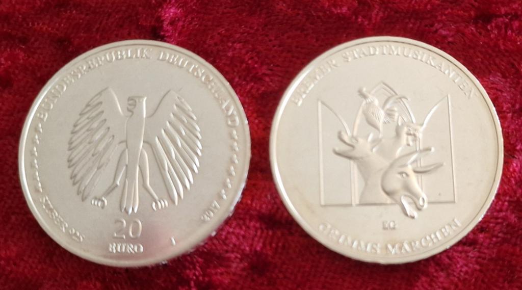 Zilveren munt 20 Euro Bremer Stadtmusikanten, Ophalen of Verzenden, Duitsland, Zilver