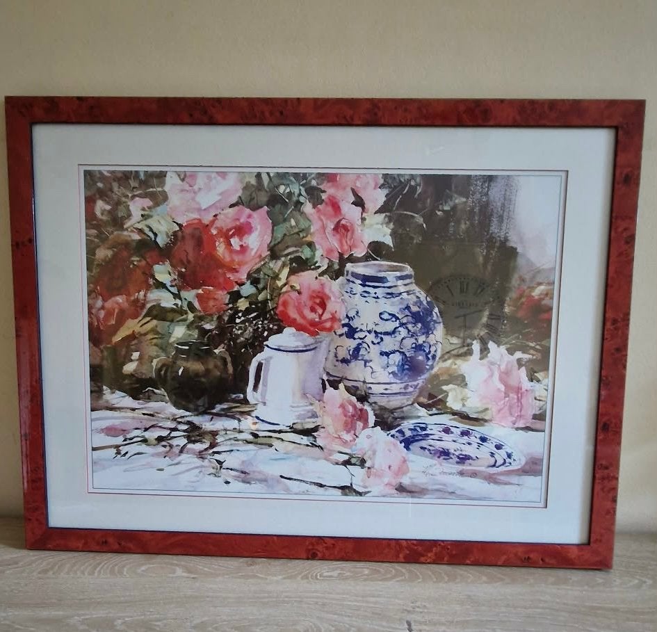 Tableau cadre loupe de bois – Nature morte aux roses, Antiquités & Art, Enlèvement, Aquarelle, Nature morte