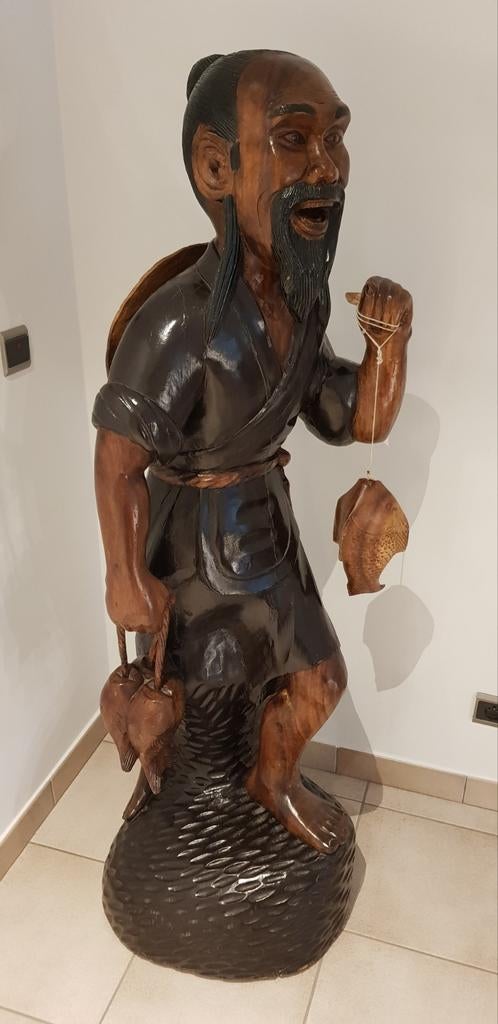 Levensgroot massief houten beeld Thaise visser, Antiek en Kunst, Ophalen