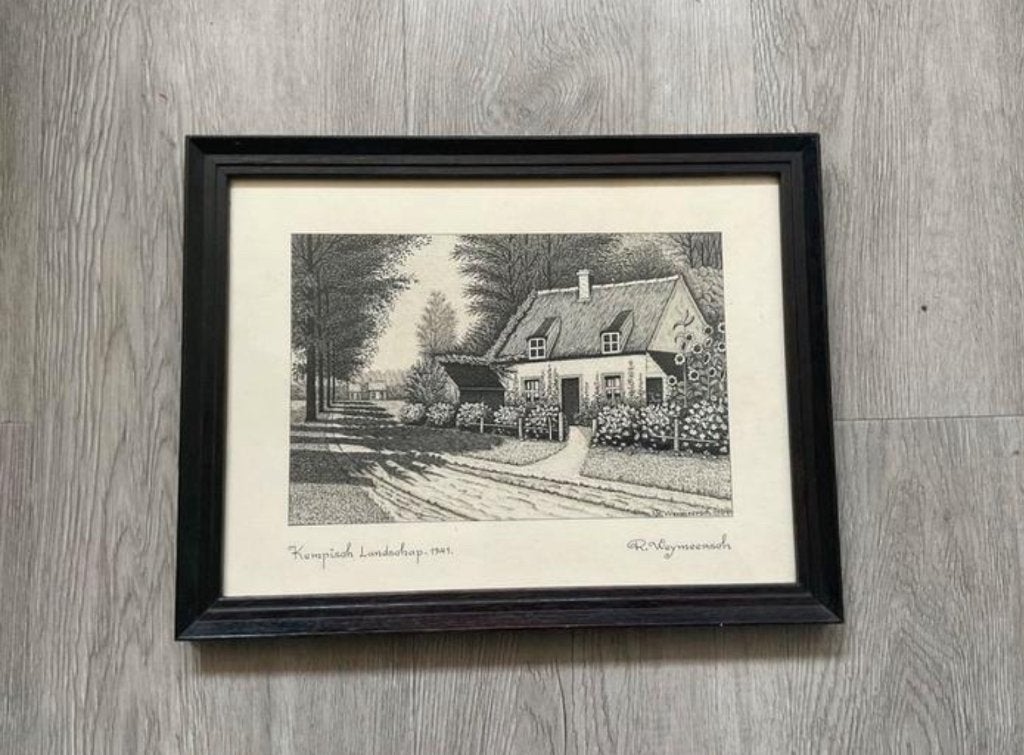 R. Weymeersch pentekening (?)   Kempisch landschap 1941, Ophalen of Verzenden, Print, Pentekening, Achter glas