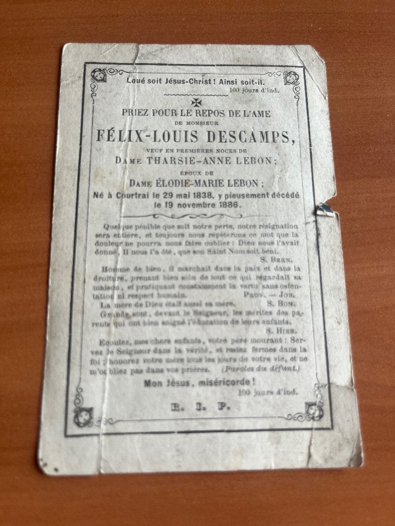 Rouwkaart Félix Descamps  Courtrai 1838 + 1886, Verzenden, Rouwkaart