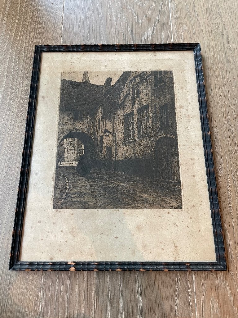 Tekening A. Geudens Mechelen, Antiek en Kunst, Ets, Stadsgezicht, Ophalen of Verzenden, Gesigneerd