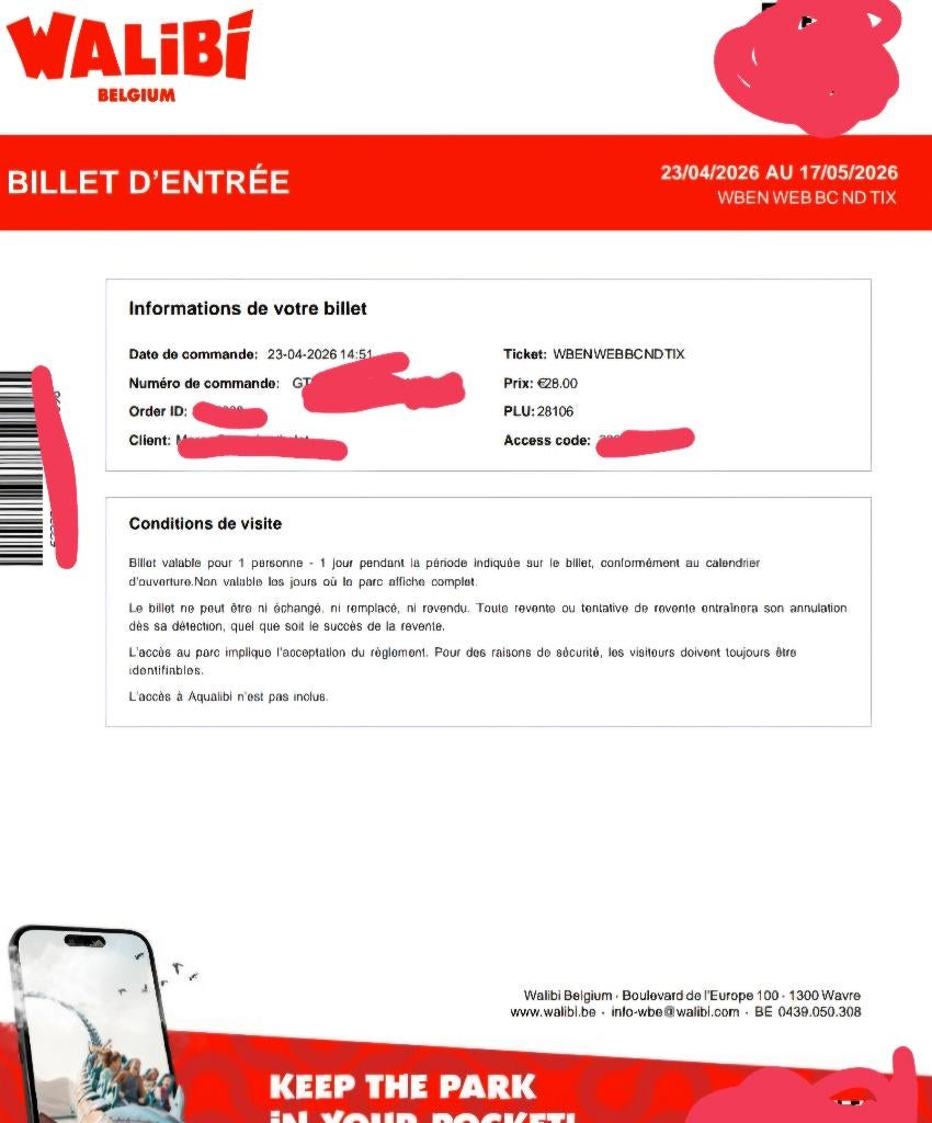 2 billets Walibi Belgium, Deux personnes, Ticket ou Carte d'accès