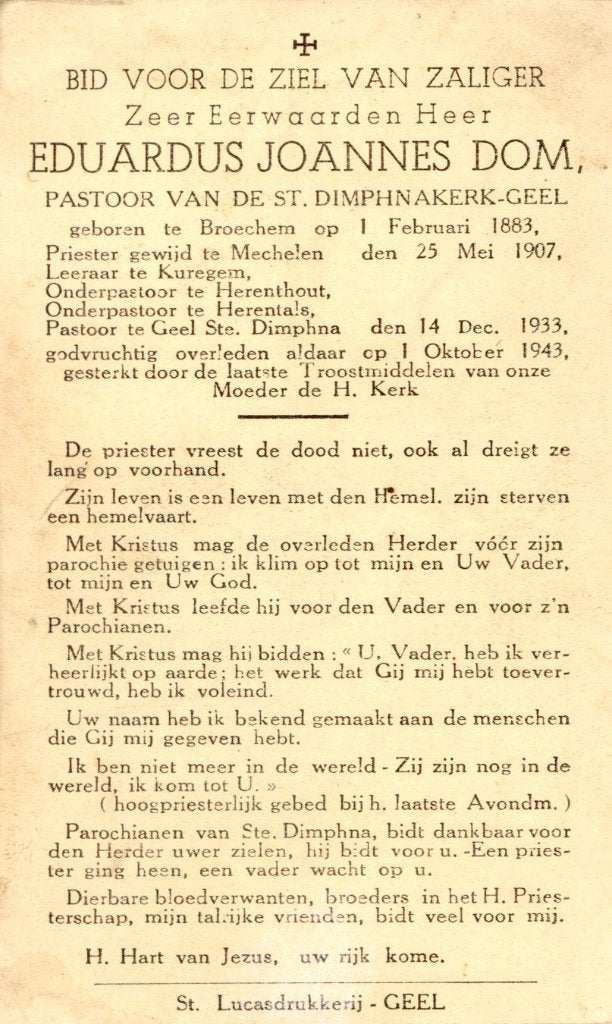 Priester. Dom Eduardus. ° Broechem 1883 † Geel 1943, Collections, Enlèvement ou Envoi, Image pieuse