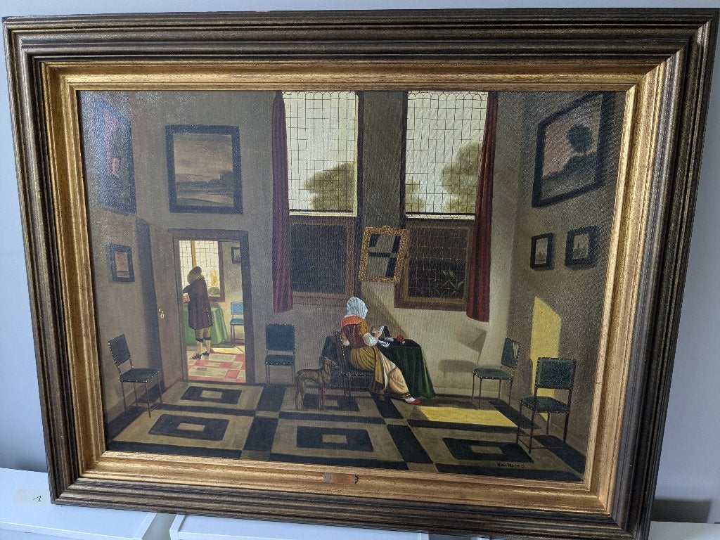 Olieverfschilderij "17e-Eeuws Interieur" - A. Van Mere, Enlèvement, Classique, Peinture à l'huile, Toile