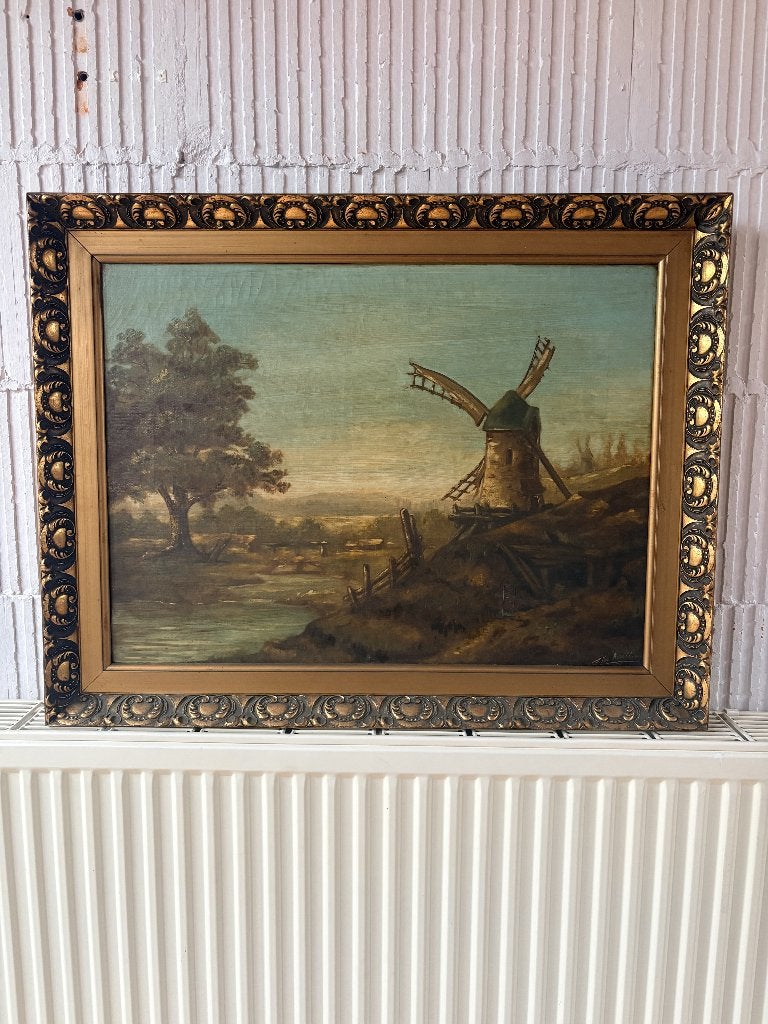 Grand tableau  "Paysage au moulin à vent" T. Van Kerckhoven, Envoi, Signé, Peinture à l'huile, Paysage