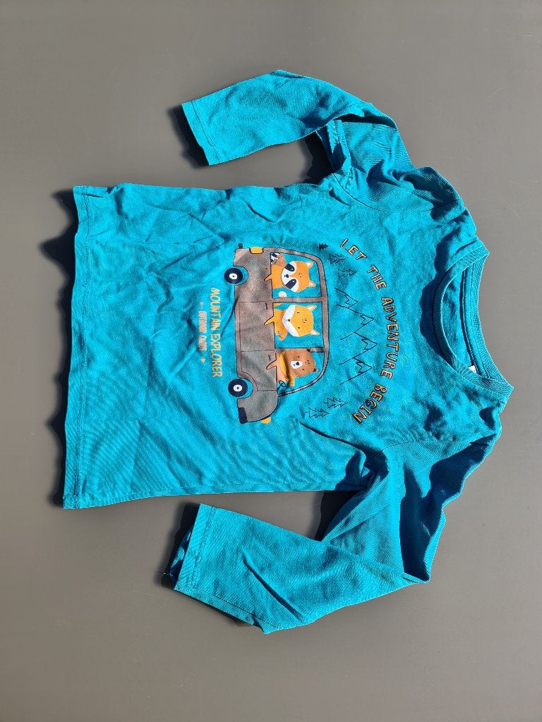blauwe longsleef, t-shirt met beer, vos, wasbeer, A, 98, Enlèvement, Comme neuf