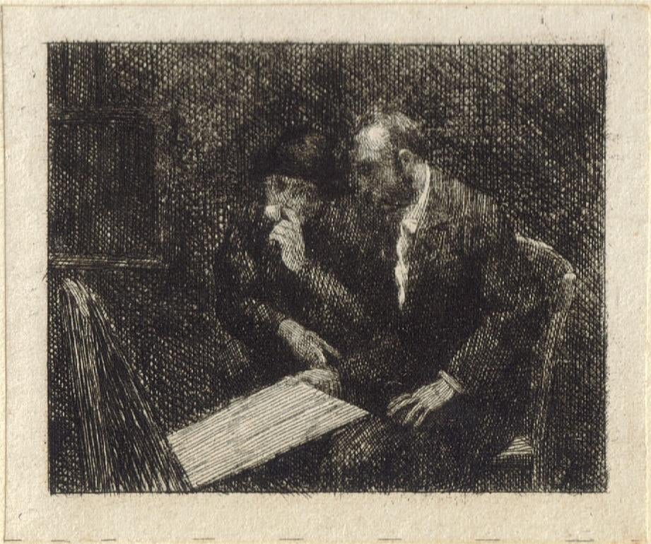 Albert Besnard ets "De Programma-lezers", met oplegvel, Antiek en Kunst, Kunst | Etsen en Gravures, Ophalen, Dagelijks leven, 1800 - 1899