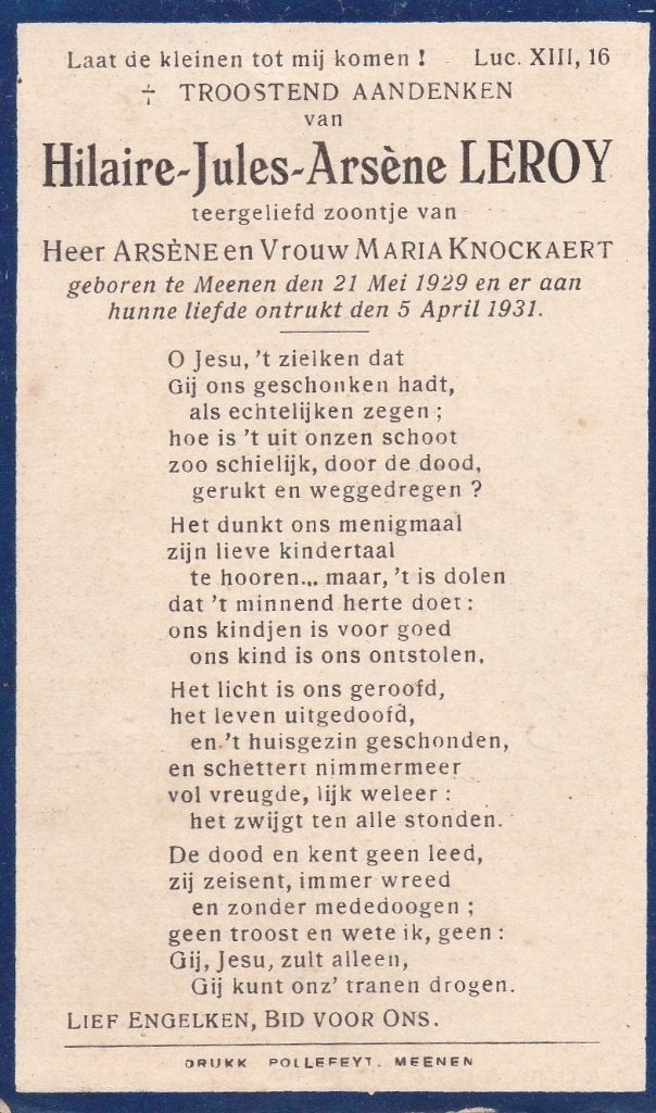 K 11 / B P LEROY MEENEN 1929 - 1931, Ophalen of Verzenden, Bidprentje