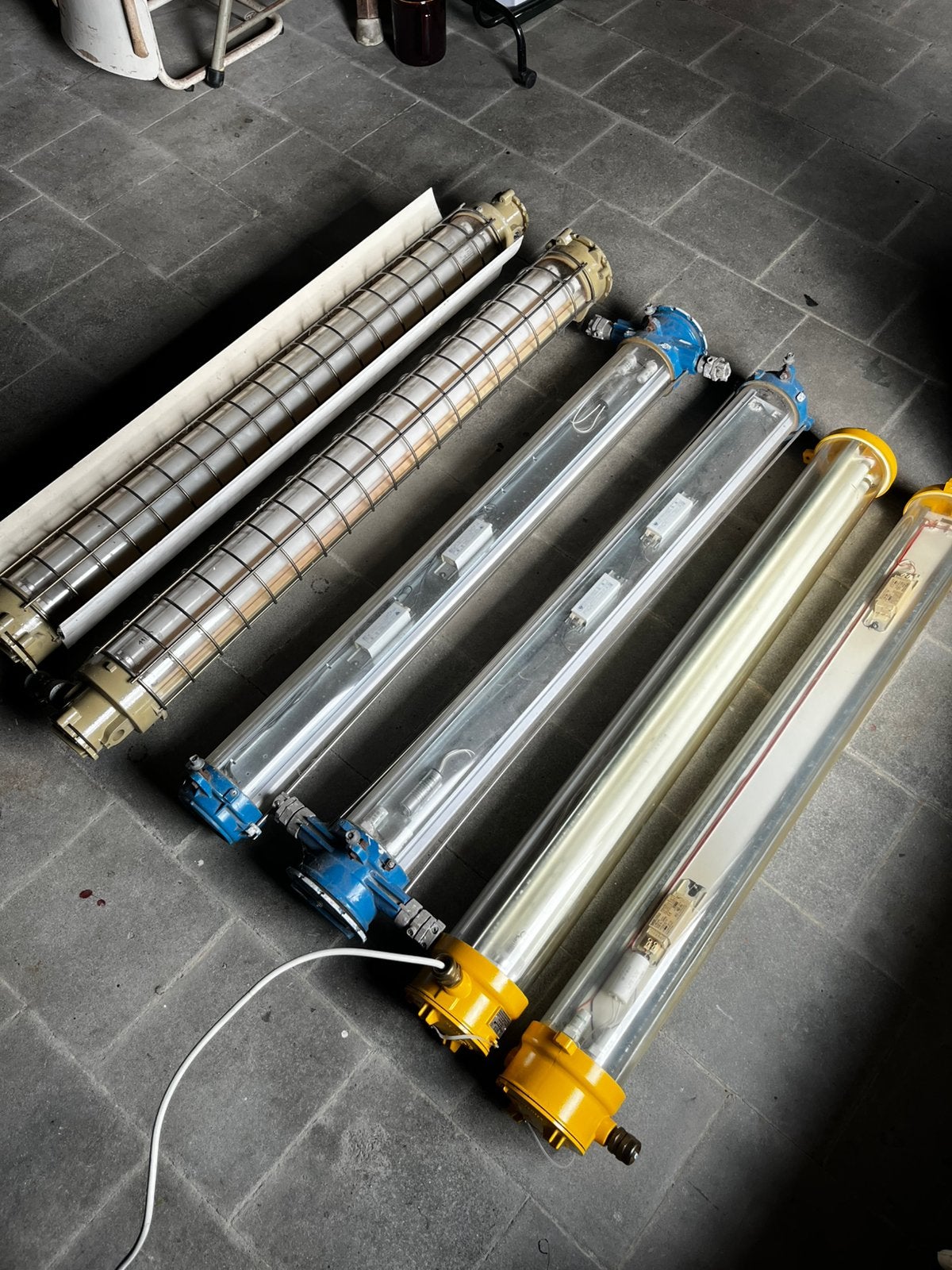 Luminaires fluorescents industriels vintage, Verre, Enlèvement, Utilisé, Industrieel