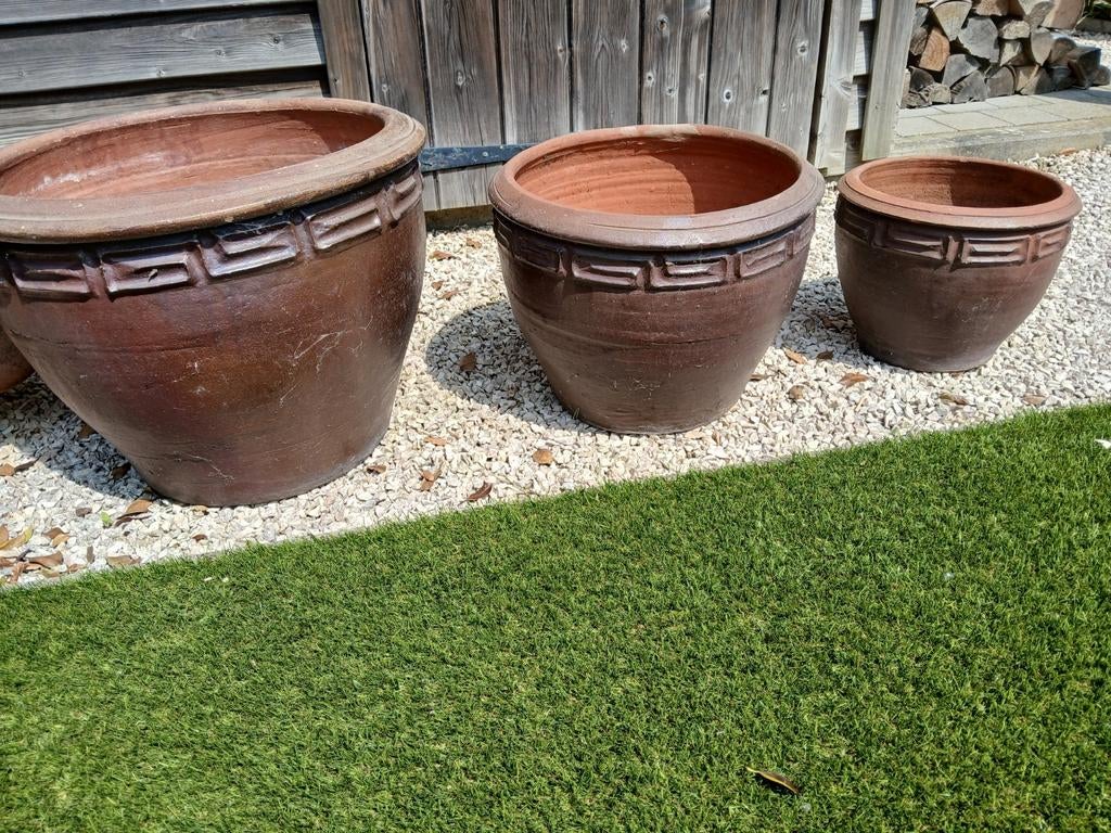 Donkerbruine brocante bloempotten, Tuin en Terras, Ophalen