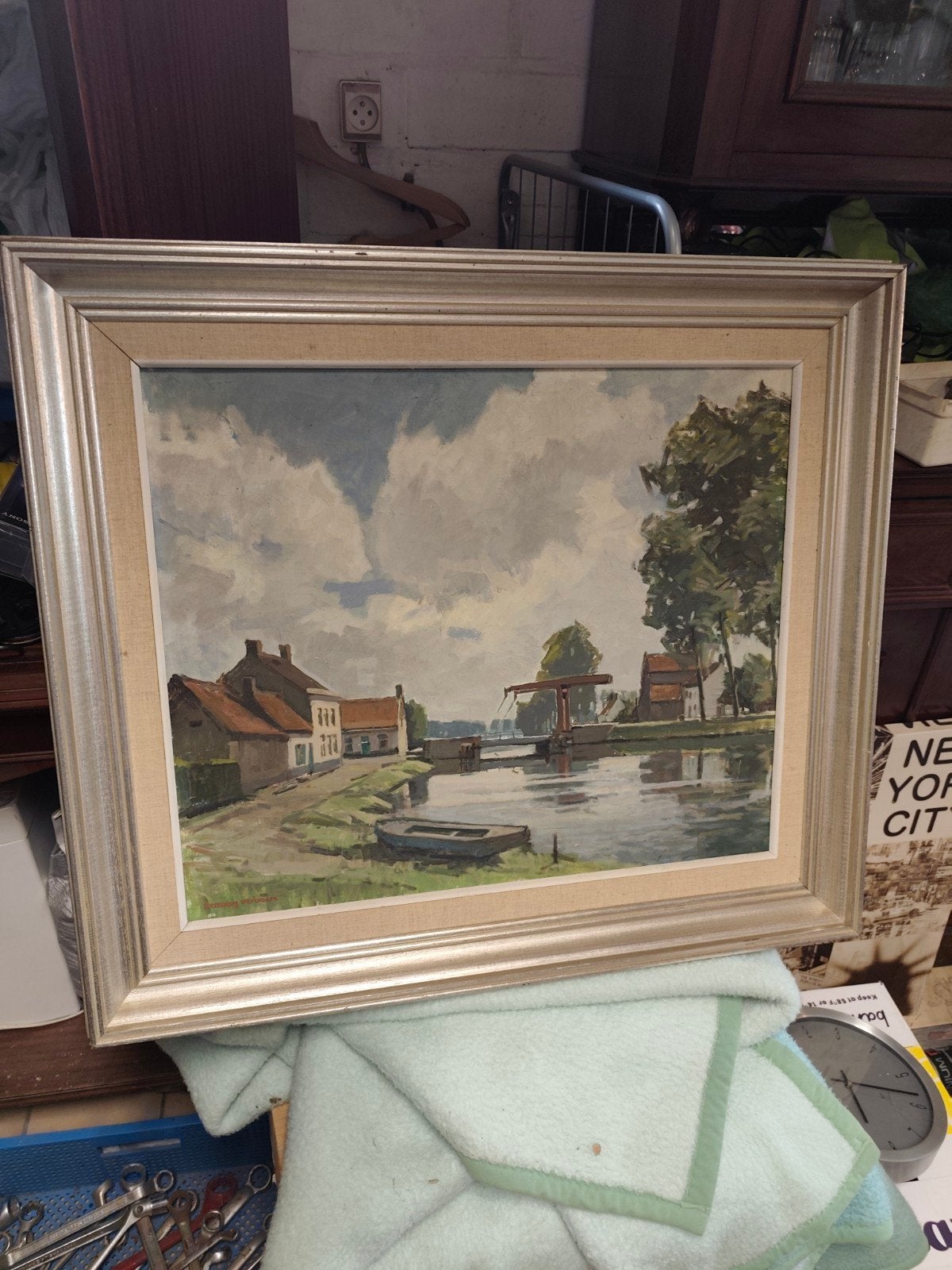 Wachtebeke! Schilderij OVERLEDE BRUG  van HERMAN VERBAERE., Antiek en Kunst, Ophalen, Stads- / dorpsgezicht