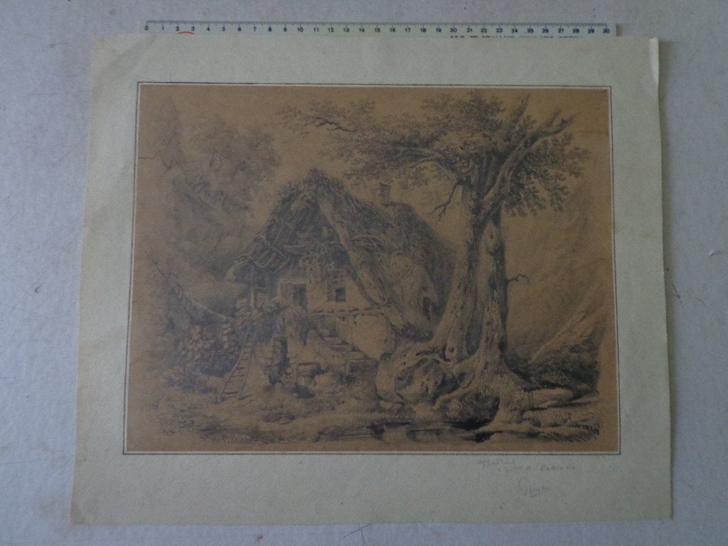 originele 19de eeuwse tekening Henri Boisseau huis en boom, Antiek en Kunst, Ophalen of Verzenden, Tekening, Potloodtekening, Gesigneerd
