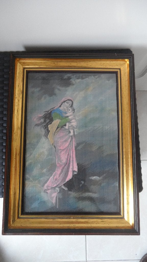 Zijde kunst voorstelling moeder en kind, Ophalen of Verzenden