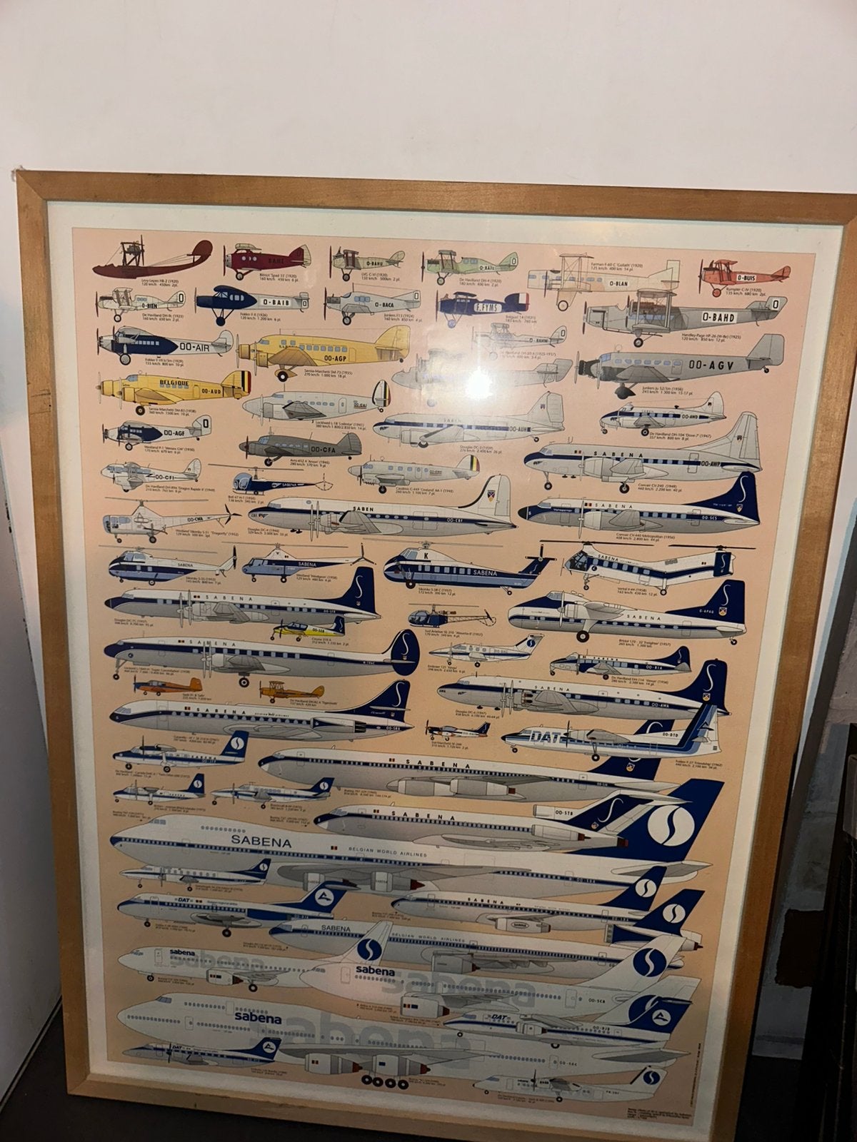 Affiche encadrée d'un avion Sabena — histoire de l'aviation, Enlèvement, Comme neuf, Carte, Photo ou Gravure