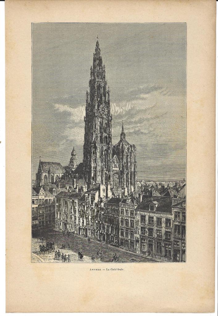 1880 - Antwerpen / de OLV-kathedraal, Antiek en Kunst, Kunst | Etsen en Gravures, Verzenden
