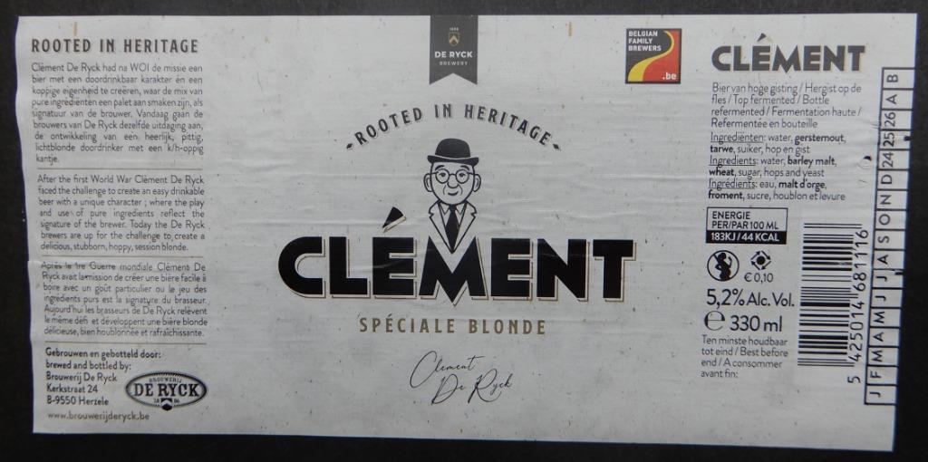 Bieretiket Clément Brouwerij De Ryck (10b6), Verzenden, Gebruikt
