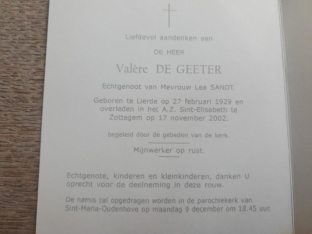 Bp mijnwerker: Valère De Geeter, 1929-2002, Lierde-Zottegem, Ophalen of Verzenden