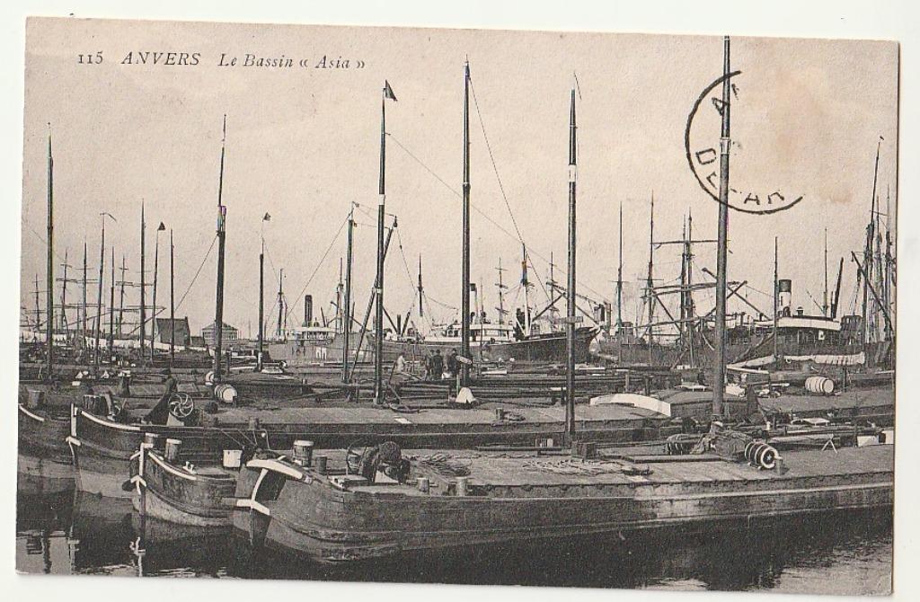 Anvers Le Bassin Asia (péniches) 1908, Envoi, Affranchie, Anvers