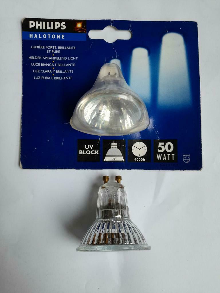 Lot van 2 PHILIPS Halotone 50W schijnwerpers, 30 tot 60 watt, Halogeen (gloei)lamp, Nieuw, Bipin of Steekvoet