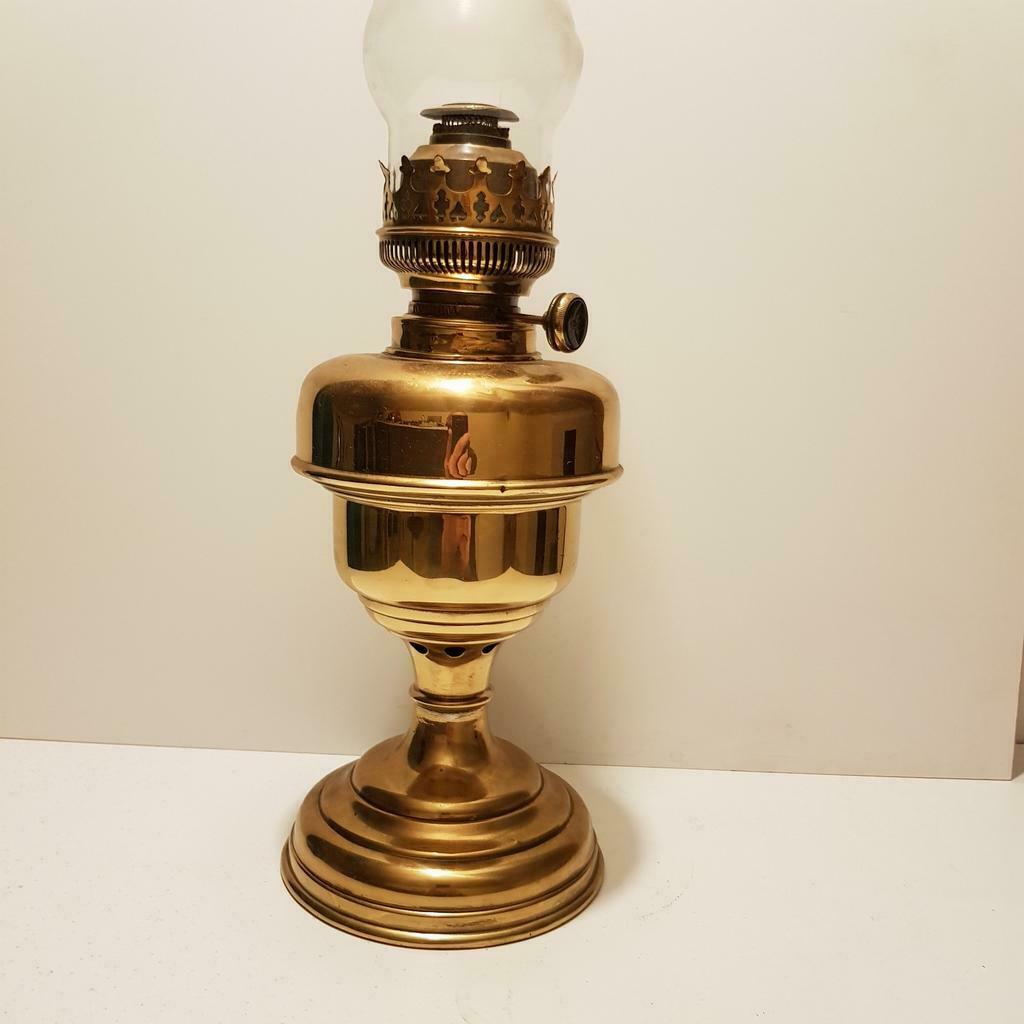 Antieke Koperen olielamp met reserve glas, Ophalen