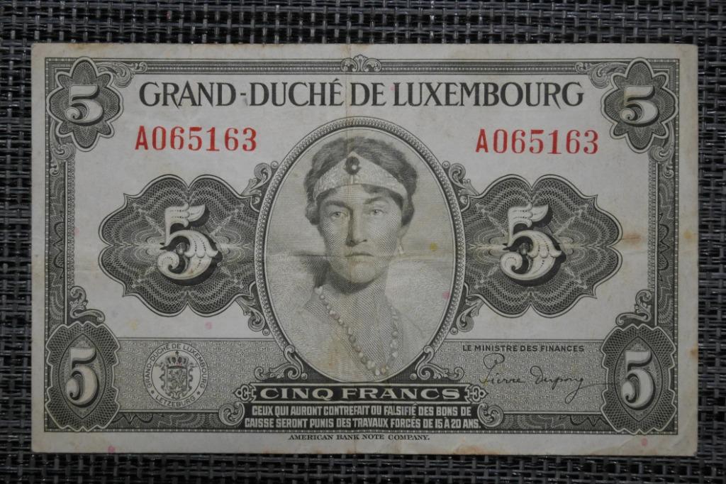 Bankbiljet 5 Frank Luxemburg 1944, Ophalen of Verzenden, Overige landen, Los biljet