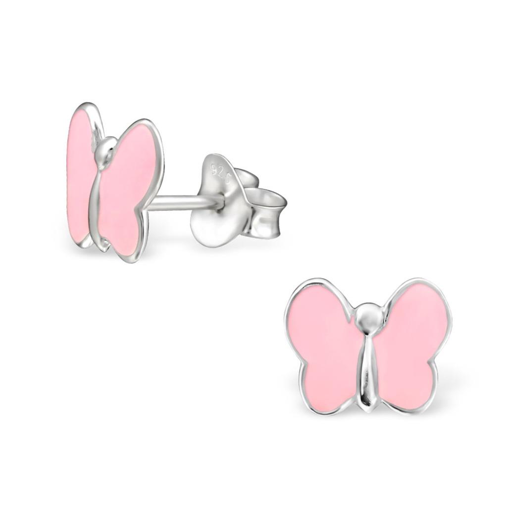 Boucles d'oreilles enfants en argent avec papillon rose - 8, Enlèvement ou Envoi, Neuf, Boucles d'oreilles