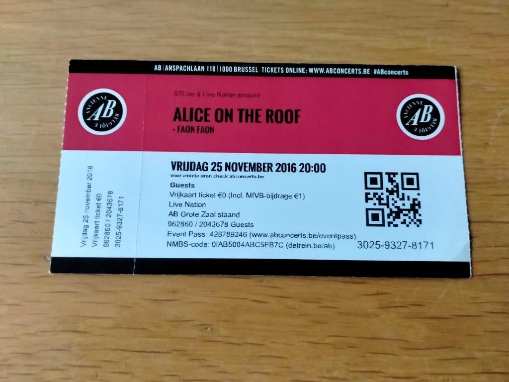 Alice on the Roof concertticket @AB 25/11/2016, Ophalen, Gebruikt