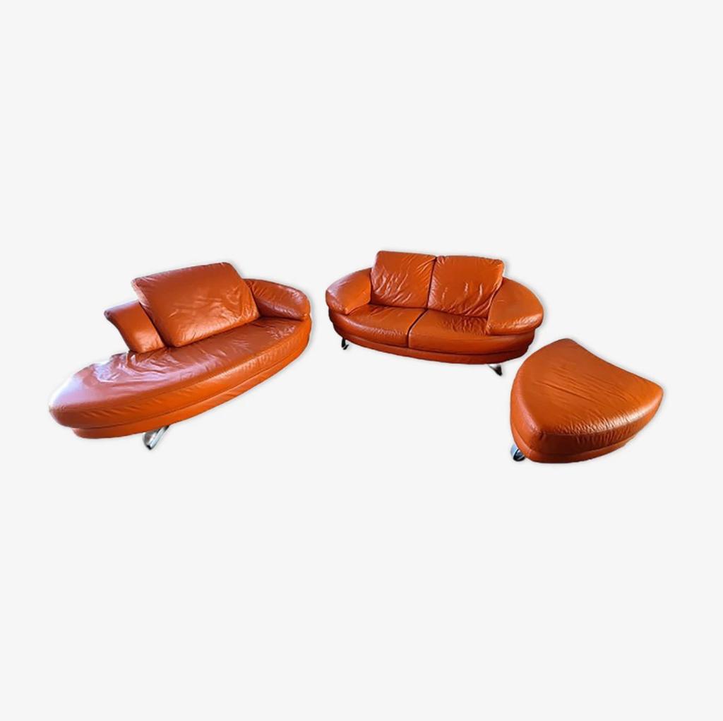 Vintage oranje leren bankstel, Ophalen, Zo goed als nieuw, Rechte bank, Space age