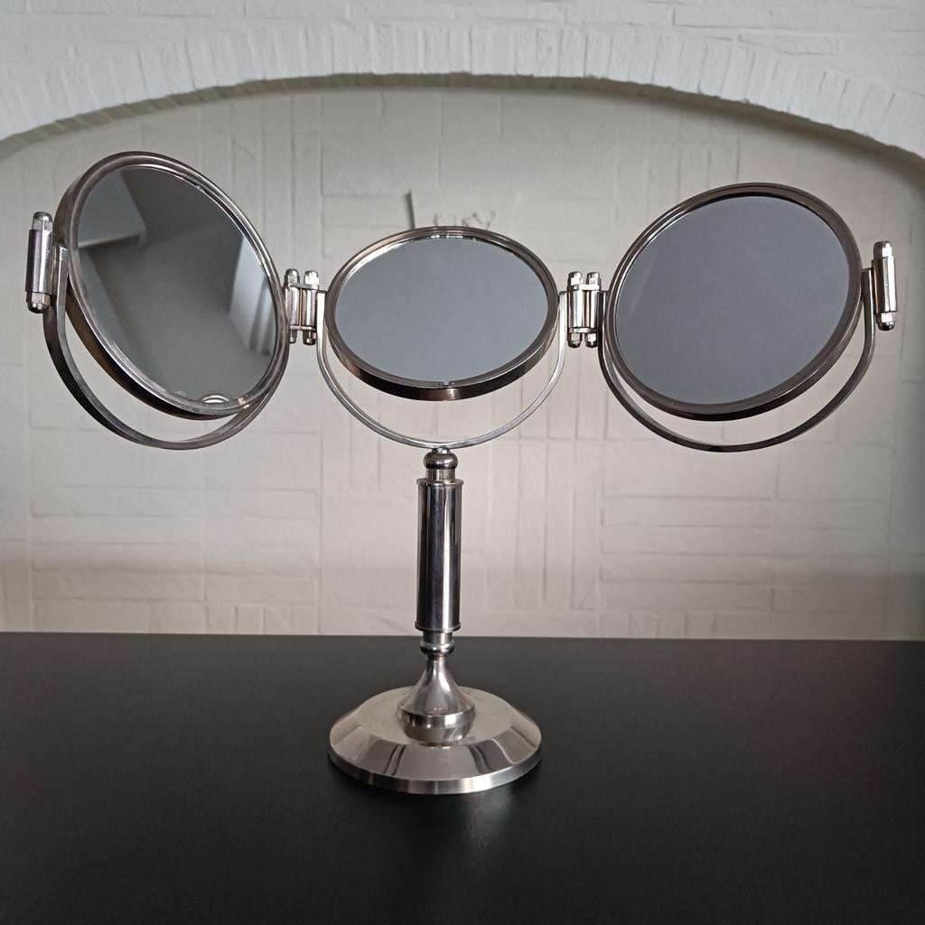 Vintage Franse kap/make up spiegel matte chrome., Antiek en Kunst, Antiek | Spiegels, Ophalen of Verzenden