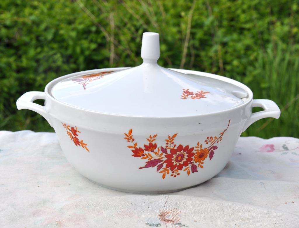 soupière en porcelaine fleur orange et bordeau, Enlèvement ou Envoi