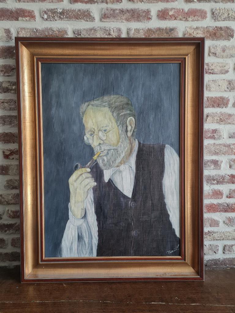 Schilderij op doek - 'Man met pijp' (85x65cm) - gesigneerd, Antiek en Kunst, Ophalen