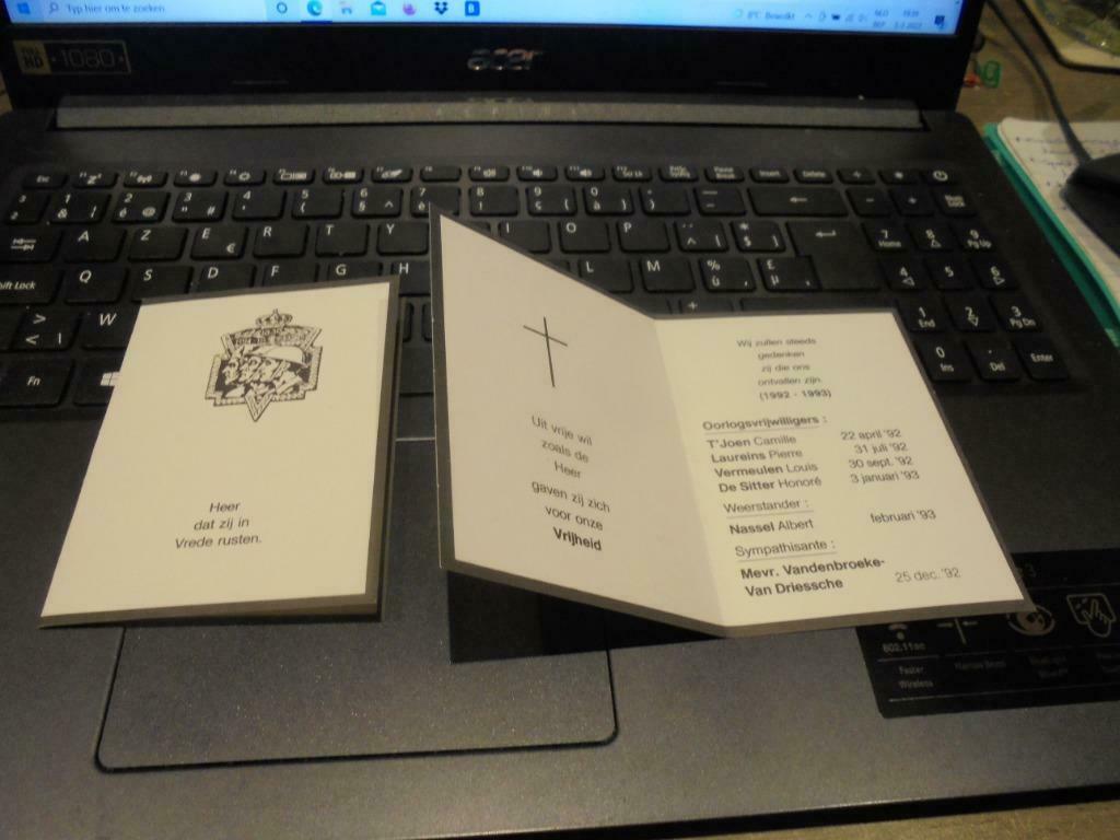 herdenkingsprentje overleden oorlog 1992, Verzamelen, Bidprentjes en Rouwkaarten, Ophalen of Verzenden, Bidprentje